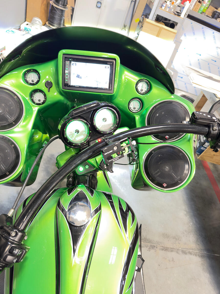Custom Harley-Davidson fairing with speakers and head unit install