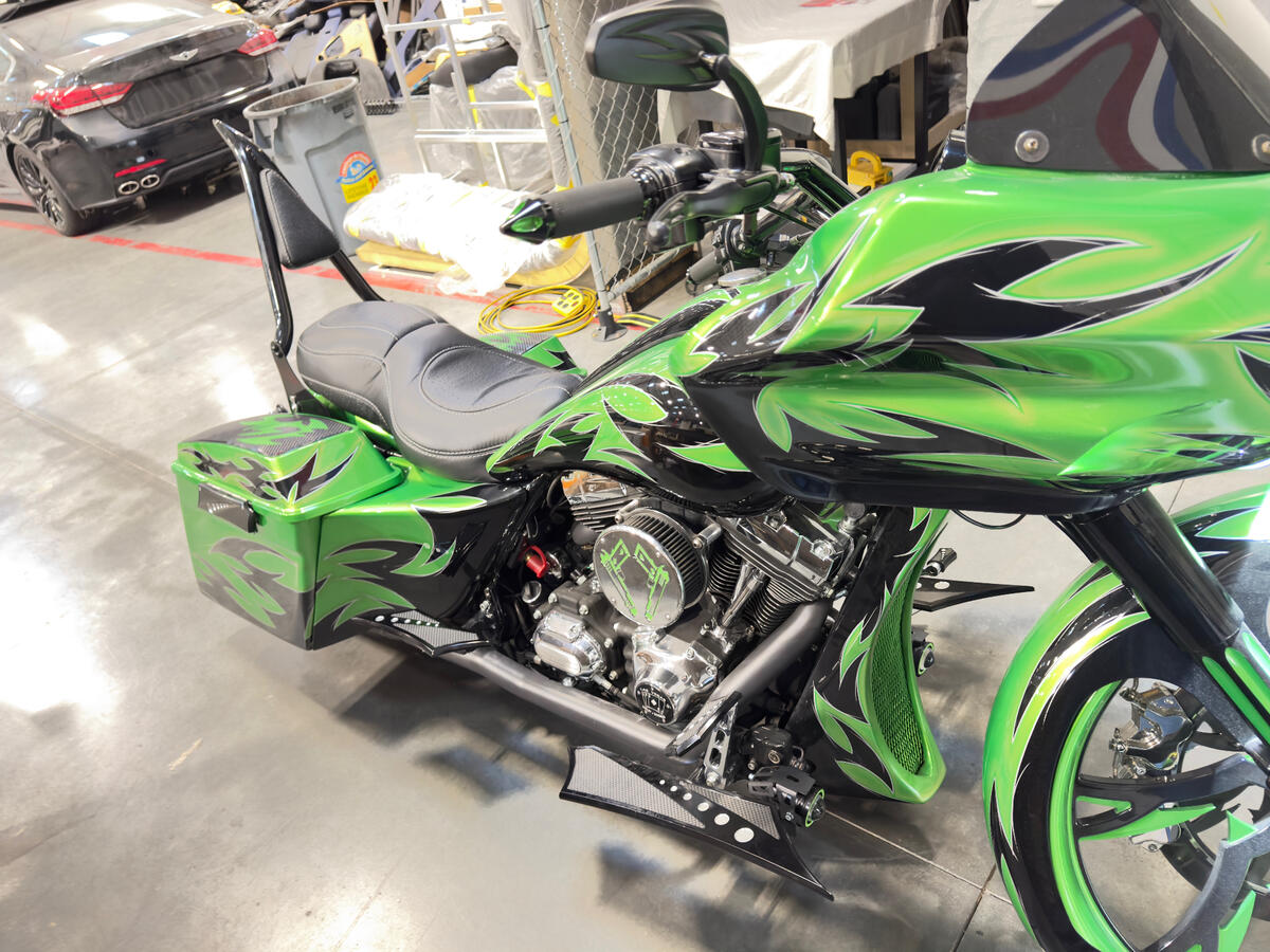 Custom Harley-Davidson bagger engine and paint detail