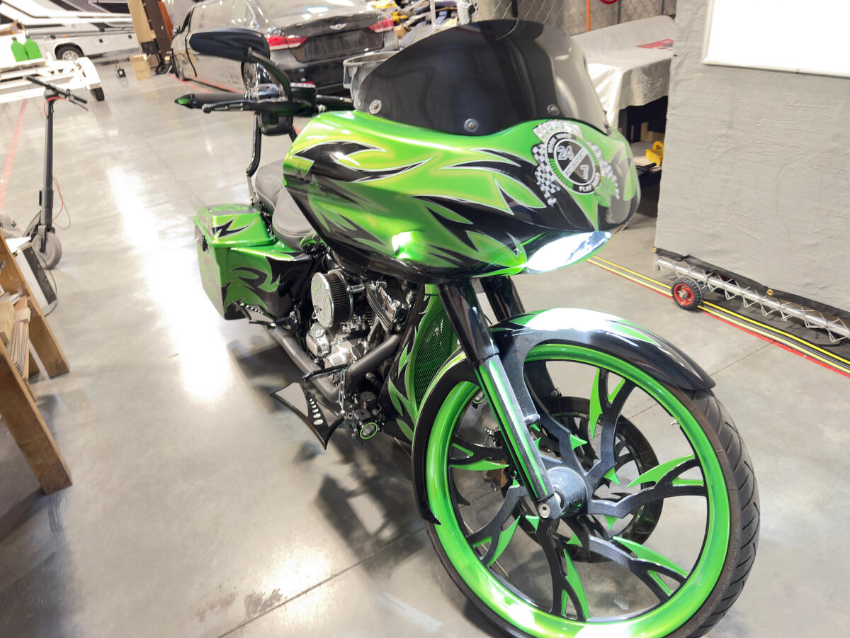 Custom Harley-Davidson bagger front wheel and fairing