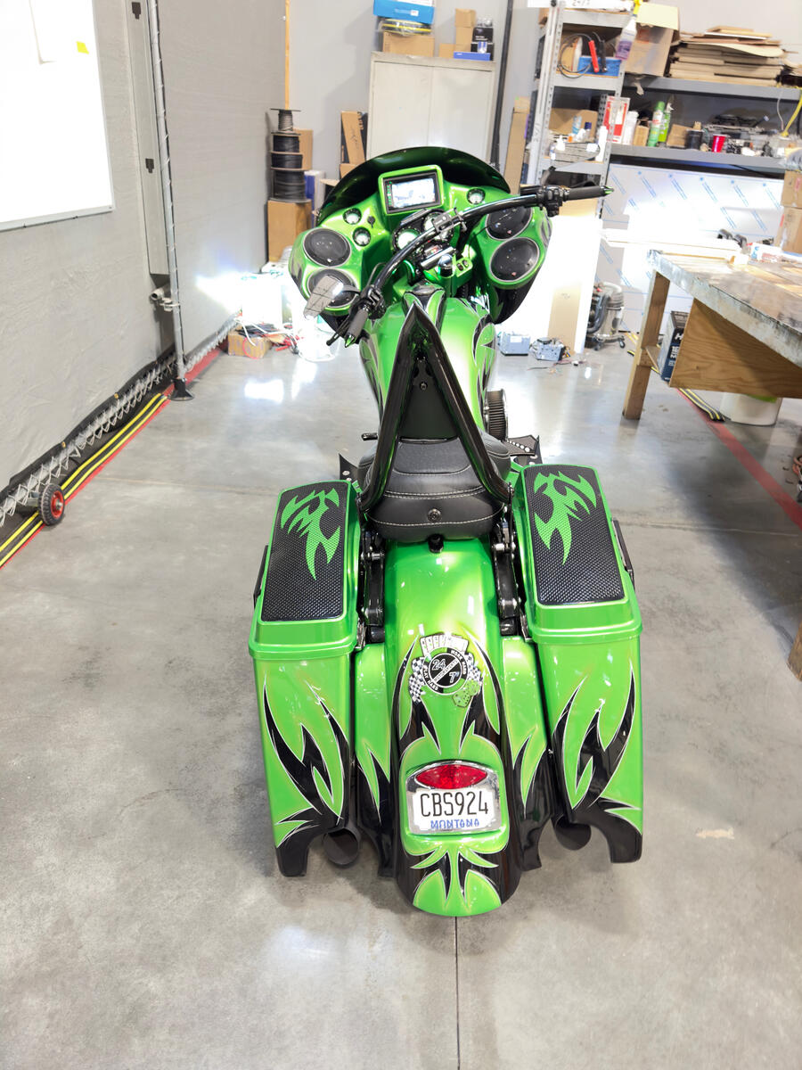 Custom Harley-Davidson bagger rear view with extended saddlebags