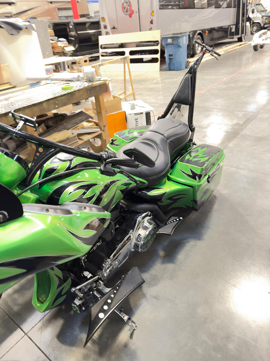 Custom Harley-Davidson bagger seat and saddlebag detail